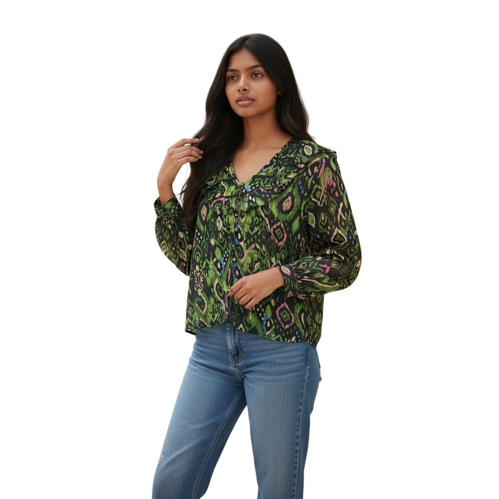 NWT Muse Green Print Ruffle V-Neck Sheer Blouse L Whimsigoth Boho Chic Festival